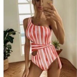 SHEIN Coral Pink and White Striped One-Shoulder Cutout One-Piece Swimsuit